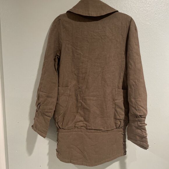 Unique Tan Linen Jacket Coat Asymetric Frog Closure Lagenlook Vintage M/L - Picture 10 of 12